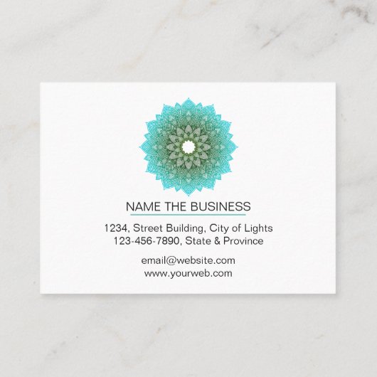 ティール(緑がかった色)の青い曼荼羅のはす黙想のホリスティックのヨガ 名刺 (裏面)