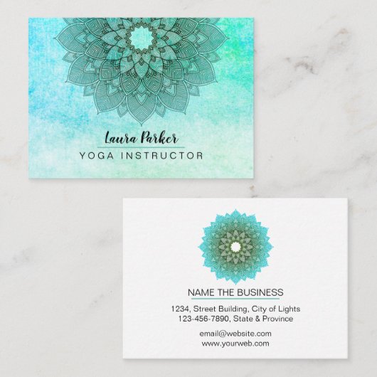ティール(緑がかった色)の青い曼荼羅のはす黙想のホリスティックのヨガ 名刺 (正面/裏面)