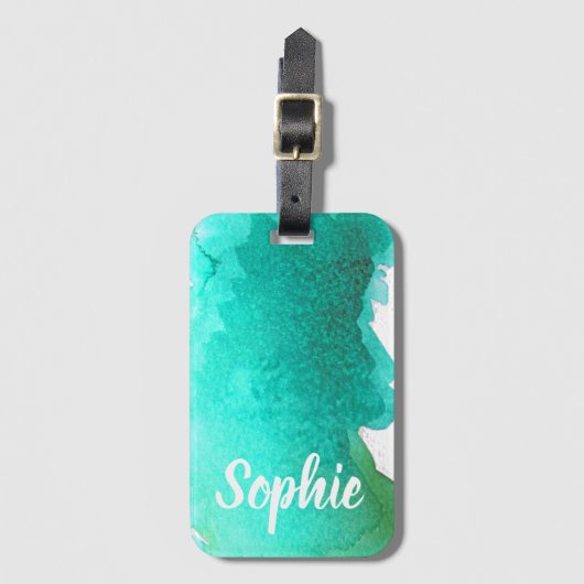 ティール（緑がかった色）の青い水彩画名前入りな旅行凝りすぎ ラゲッジタグ (正面縦)