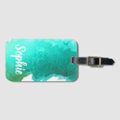 ティール（緑がかった色）の青い水彩画名前入りな旅行凝りすぎ ラゲッジタグ (正面横)