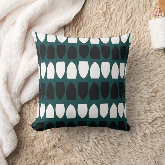 ティール（緑がかった色）の青い白い黒の幾何学的パターン クッション (ブランケット)