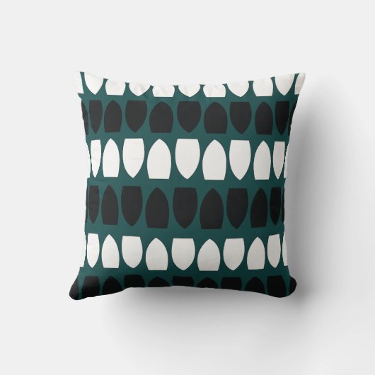 ティール（緑がかった色）の青い白い黒の幾何学的パターン クッション (裏面)