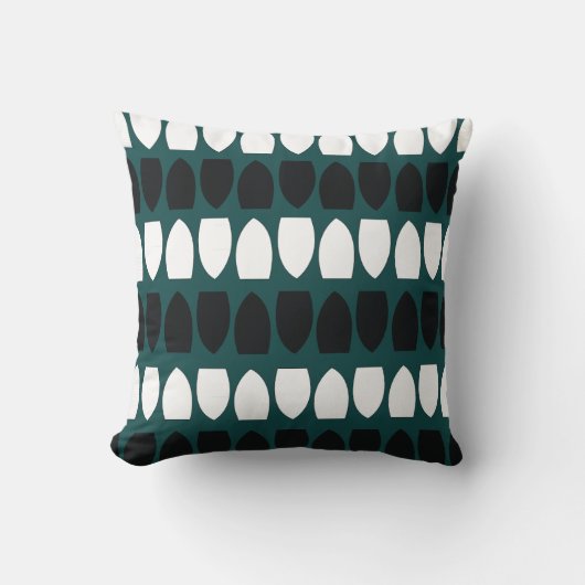 ティール(緑がかった色)の青い白い黒の幾何学的パターン クッション (正面)