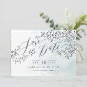 ティール(緑がかった色)の青い素朴なフローラ書は日付を保存 セーブザデート (スタンド正面)