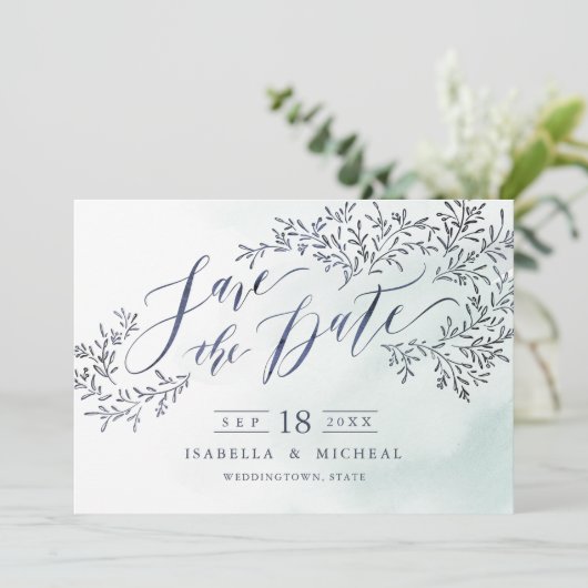 ティール（緑がかった色）の青い素朴なフローラ書は日付を保存 セーブザデート (スタンド正面)