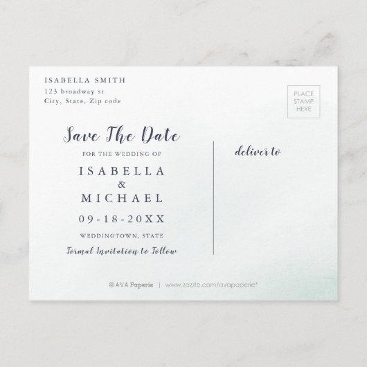 ティール(緑がかった色)の青い素朴なフローラ書は日付を保存 案内ポストカード (裏面)