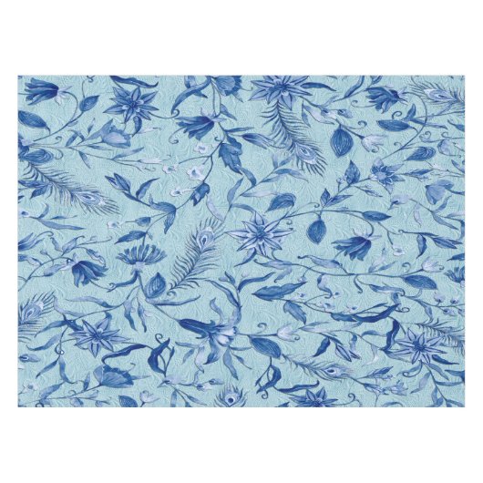 ティール(緑がかった色)の青い花の彫刻のテクスチャの背景 テーブルクロス (正面(横))