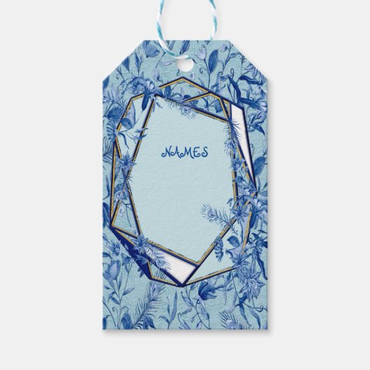 ティール(緑がかった色)の青い花の彫刻テクスチャード裏当て ギフトタグ (正面)