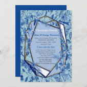 ティール(緑がかった色)の青い花の彫刻テクスチャード裏当て 招待状 (正面/裏面)