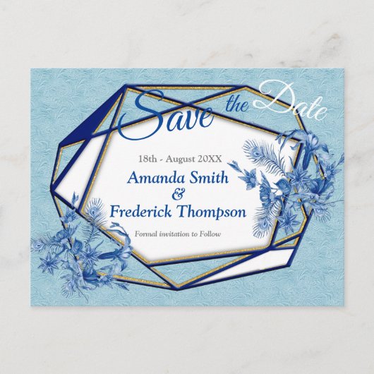 ティール(緑がかった色)の青い花の彫刻テクスチャード裏当て 案内ポストカード (正面)