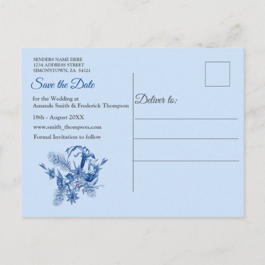 ティール(緑がかった色)の青い花の彫刻テクスチャード裏当て 案内ポストカード (裏面)