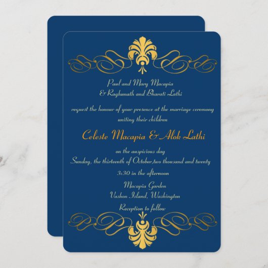 ティール(緑がかった色)の青い金ゴールドのレトロの華美なインドの結婚式の招待 招待状 (正面/裏面)