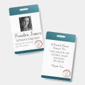 ティール（緑がかった色）の青いIDカードをフェード(縦/ポートレート) バッジ (正面＆裏面)