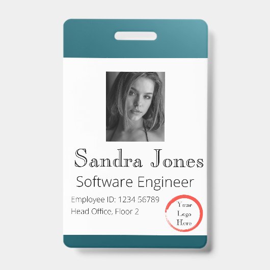 ティール（緑がかった色）の青いIDカードをフェード(縦/ポートレート) バッジ (正面)