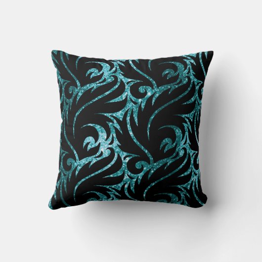 ティール（緑がかった色）の青および黒いグリッターパターン枕 クッション (裏面)