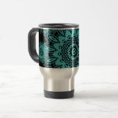ティール(緑がかった色)の青および黒いレースの雪片の曼荼羅 トラベルマグ (正面左)