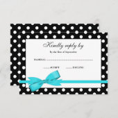 ティール(緑がかった色)の青および黒い水玉模様の弓RSVP 出欠カード (正面/裏面)