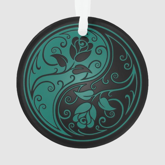 ティール（緑がかった色）の青および黒い陰陽のバラ オーナメント (裏面)