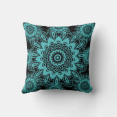 ティール(緑がかった色)の青および黒いDoilyのレースの雪片の曼荼羅 クッション (裏面)