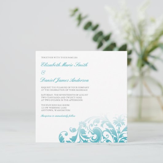 ティール(緑がかった色)の青くグラデーションな華麗さの渦巻の結婚式 招待状 (スタンド正面)