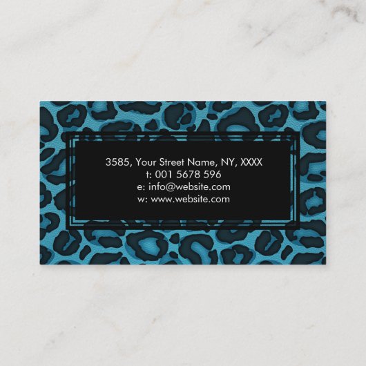 ティール（緑がかった色）の青くフェイクな革のヒョウのジャガーのプリント 名刺 (裏面)