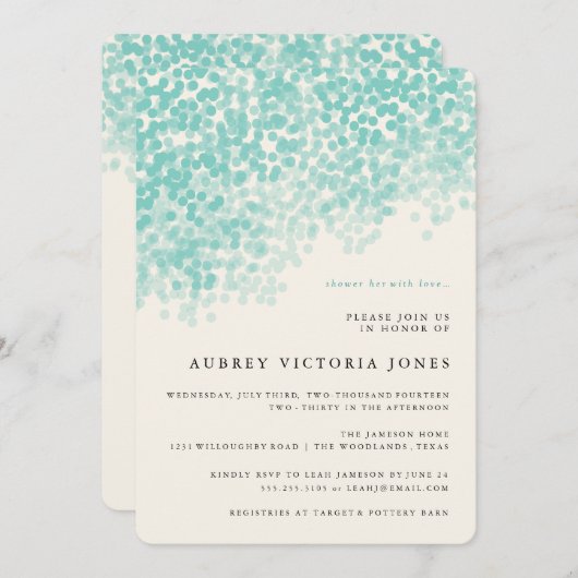 ティール(緑がかった色)の青く軽いシャワーのブライダルシャワー招待状 招待状 (正面/裏面)