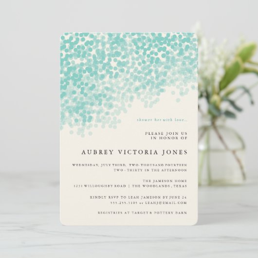 ティール（緑がかった色）の青く軽いシャワーのブライダルシャワー招待状 招待状 (スタンド正面)