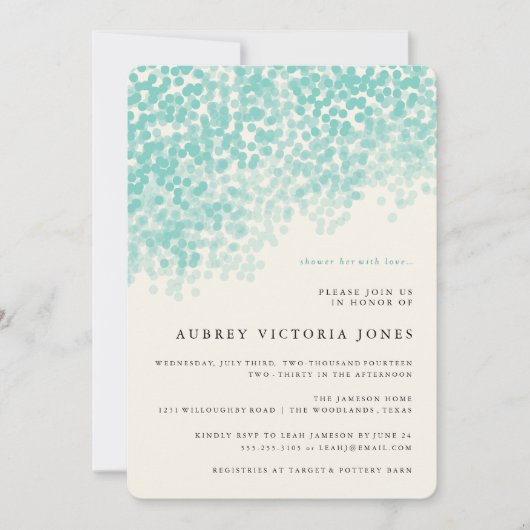 ティール（緑がかった色）の青く軽いシャワーのブライダルシャワー招待状 招待状