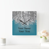 ティール(緑がかった色)の青く、フェイクなグリッター スクエア壁時計 (ホーム)