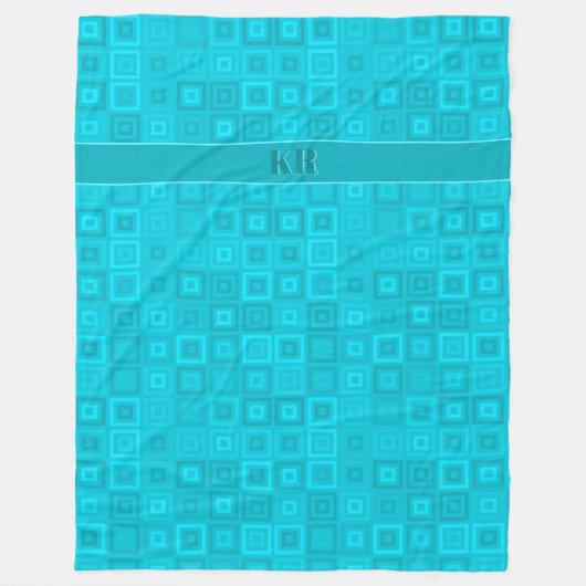 ティール（緑がかった色）の青と緑の正方形のパターン フリースブランケット (正面)