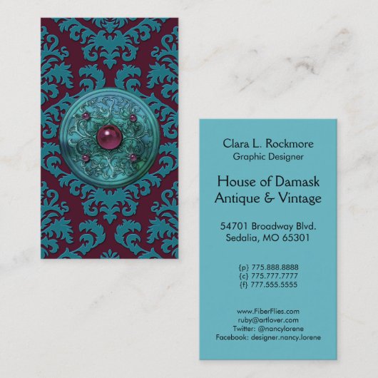 ティール（緑がかった色）の青のビロード、円形浮彫りおよびバーガンディを切って下さい 名刺 (正面/裏面)