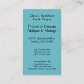ティール(緑がかった色)の青のビロード、円形浮彫りおよびバーガンディを切って下さい 名刺 (裏面)