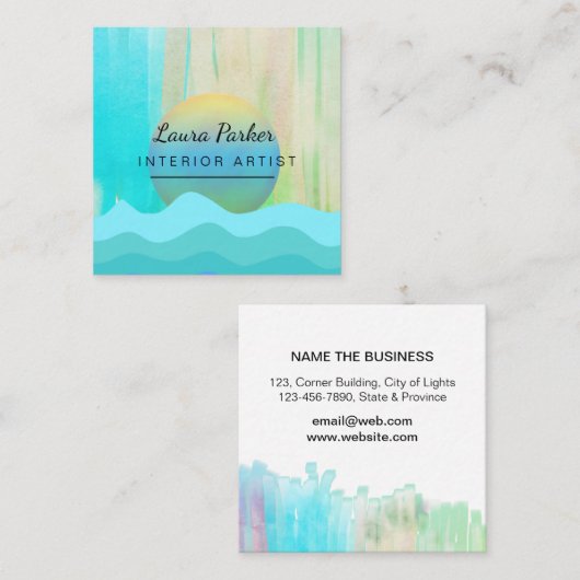 ティール（緑がかった色）の青の抽象芸術のモダンなペンキの水彩画の芸術家 スクエア名刺 (正面/裏面)