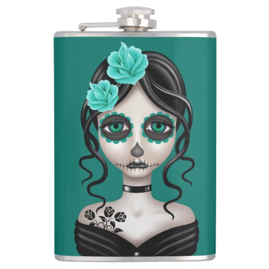 ティール（緑がかった色）の青の死んだ女の子の悲しい日 フラスク (正面)
