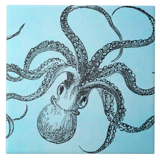 ティール（緑がかった色）の青の水彩画のヴィンテージの19世紀のタコ タイル (正面)