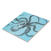 ティール（緑がかった色）の青の水彩画のヴィンテージの19世紀のタコ タイル (側面)