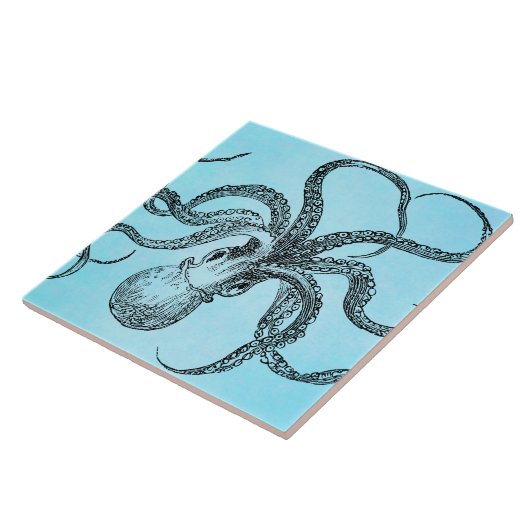 ティール(緑がかった色)の青の水彩画のヴィンテージの19世紀のタコ タイル (側面)