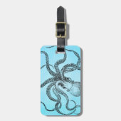 ティール(緑がかった色)の青の水彩画のヴィンテージの19世紀のタコ ラゲッジタグ (正面縦)