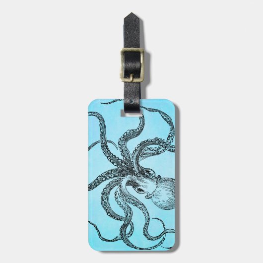 ティール(緑がかった色)の青の水彩画のヴィンテージの19世紀のタコ ラゲッジタグ (正面縦)