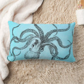 ティール（緑がかった色）の青の水彩画のヴィンテージの19世紀のタコ ランバークッション (ブランケット)