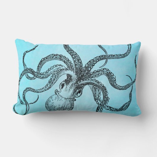 ティール（緑がかった色）の青の水彩画のヴィンテージの19世紀のタコ ランバークッション (正面)