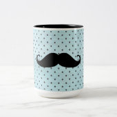 ティール(緑がかった色)の青の水玉模様のおもしろいで黒い髭 ツートーンマグカップ (中央)