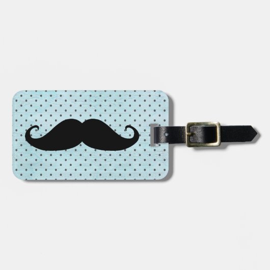 ティール（緑がかった色）の青の水玉模様のおもしろいで黒い髭 ラゲッジタグ (正面横)