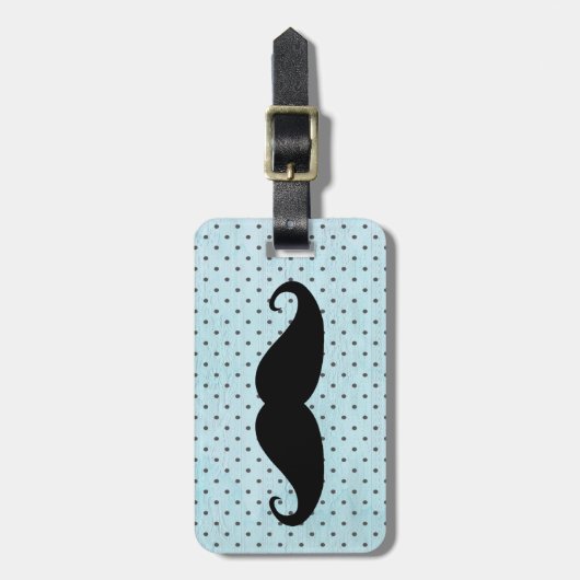 ティール(緑がかった色)の青の水玉模様のおもしろいで黒い髭 ラゲッジタグ (正面縦)