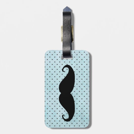 ティール(緑がかった色)の青の水玉模様のおもしろいで黒い髭 ラゲッジタグ (裏面縦)