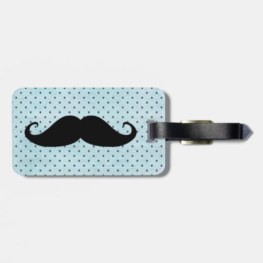 ティール(緑がかった色)の青の水玉模様のおもしろいで黒い髭 ラゲッジタグ (裏面横)