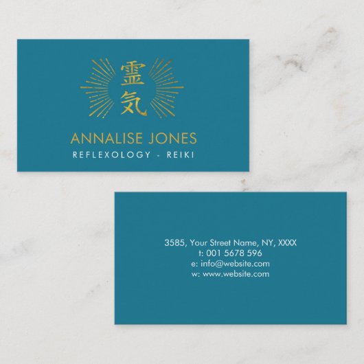 ティール(緑がかった色)の青の金ゴールドの霊気の治療の記号 名刺 (正面/裏面)