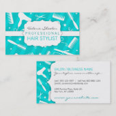 ティール(緑がかった色)の青及び白髪のサロン用具 名刺 (正面/裏面)