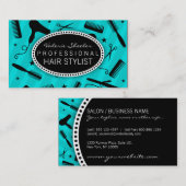 ティール（緑がかった色）の青及び黒髪のサロン用具 名刺 (正面/裏面)