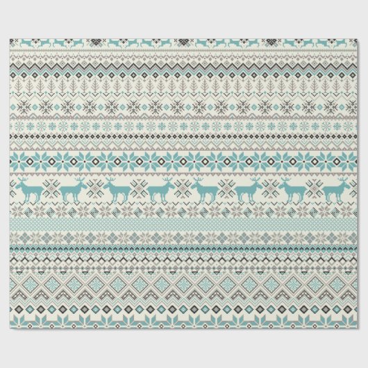 ティール（緑がかった色）の青銅色のアズテック派の雪片のトナカイのクリスマス ラッピングペーパー (フラット)